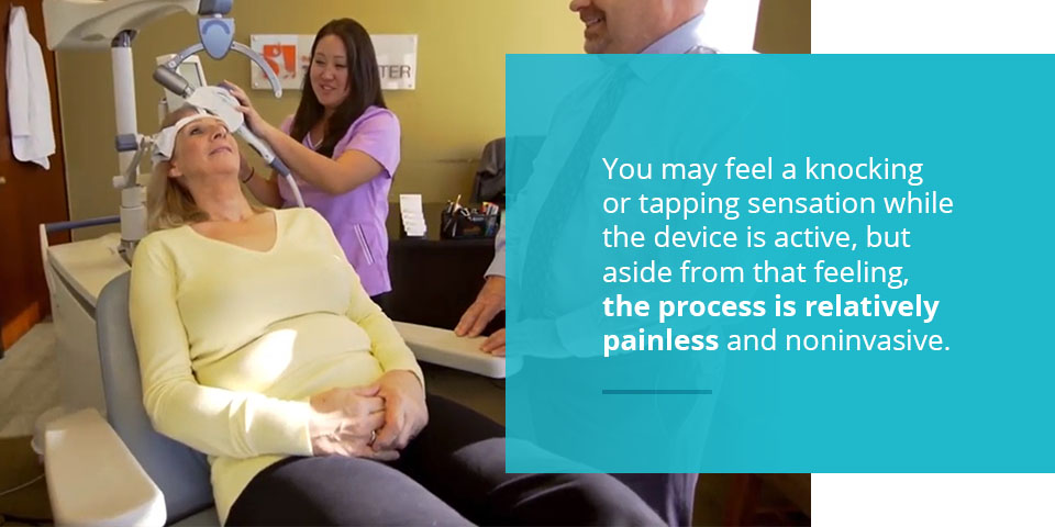 women receiving a TMS treatment with a doctor and specialist giving the treatment - caption explaining how you might feel knocking or a sensation from the device