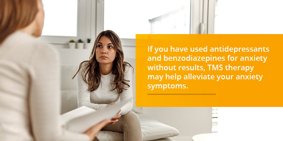 graphic showing two women talking while sitting on furniture and a caption explaining how TMS can be used effectively with antidepressants