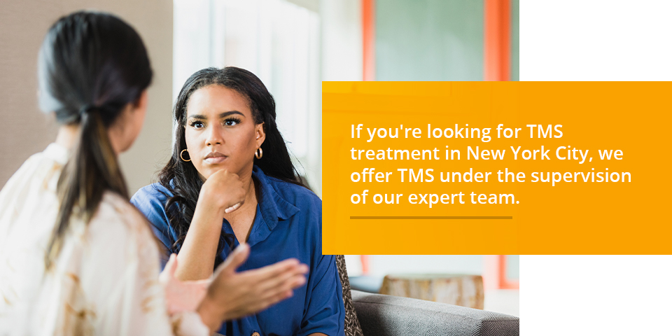 graphic showing a women and talking speaking with a caption explaining how Principium offers TMS treatment in NYC 