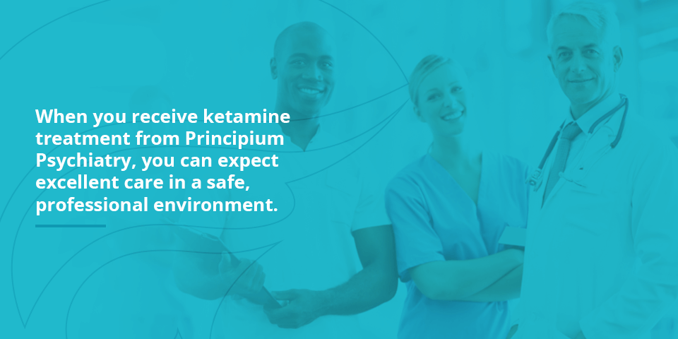 call-to-action graphic with blue overlay and a few doctors in the background explaining how Principium Psychiatry has a professional treatment environment